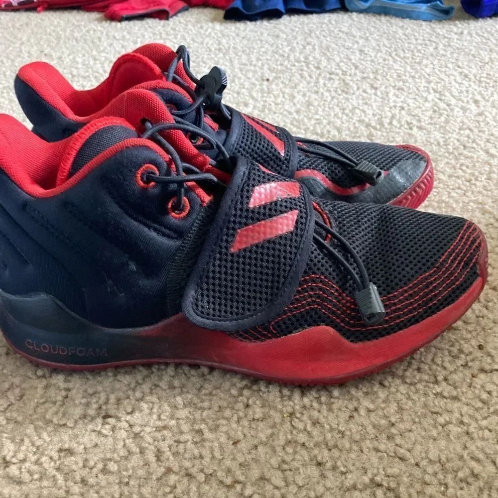 Boys Red and Black Adidas Deep Threat Primeblue Basketball Athletic Tennis Shoes